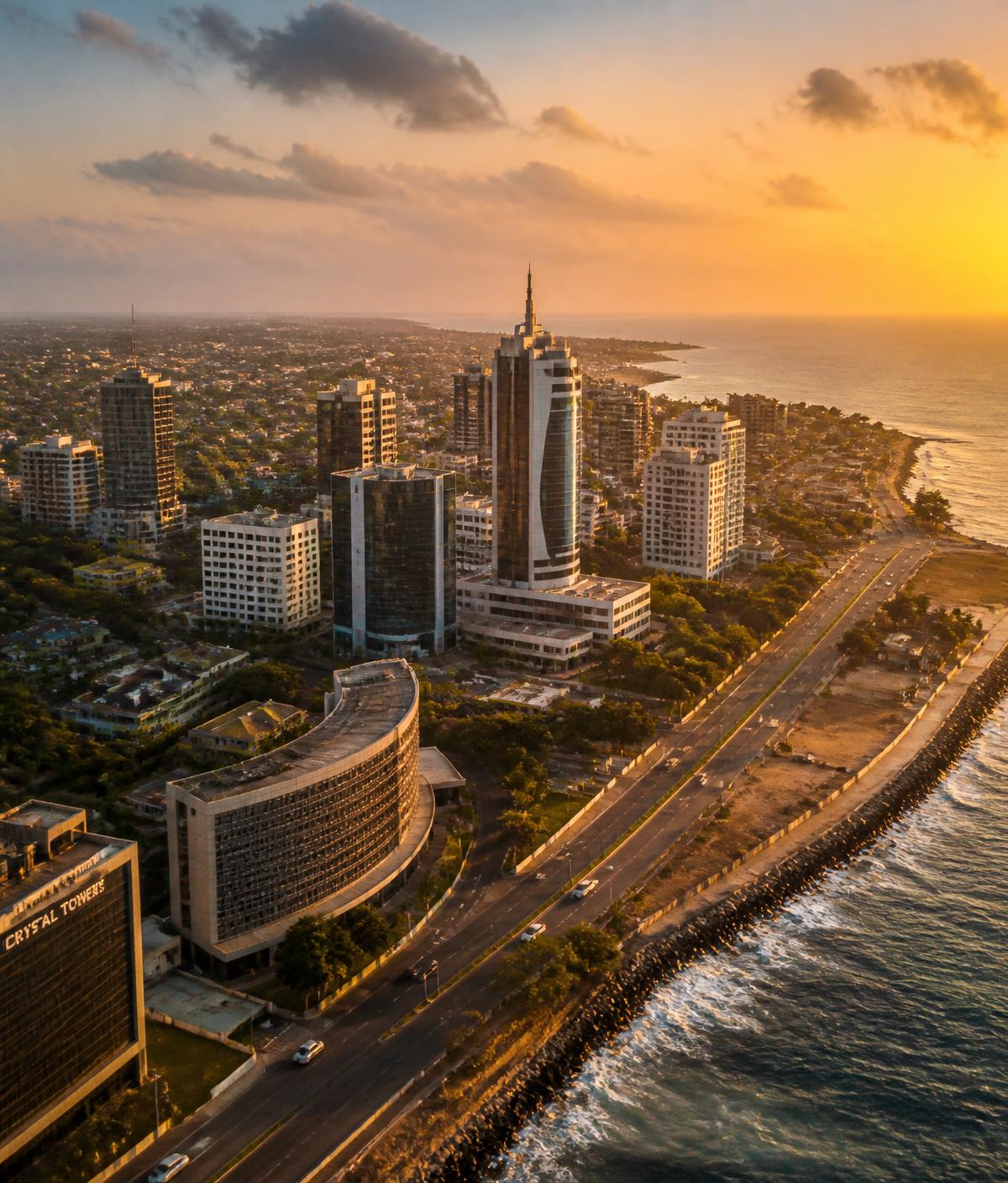 Accra city skyline at golden hour
